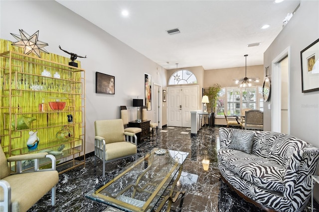 441 Village Dr, Tarpon Springs, FL 34689 - living room with marble tiled floors and recessed lighting