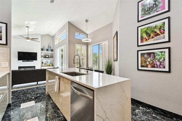 441 Village Dr, Tarpon Springs, FL 34689 - kitchen featuring a sink, dark marble finish floors, dishwasher, lofted ceiling, and ceiling fan