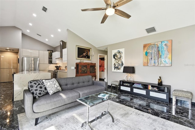 441 Village Dr, Tarpon Springs, FL 34689 - living room with marble tiled flooring, a ceiling fan, recessed lighting, and high vaulted ceiling
