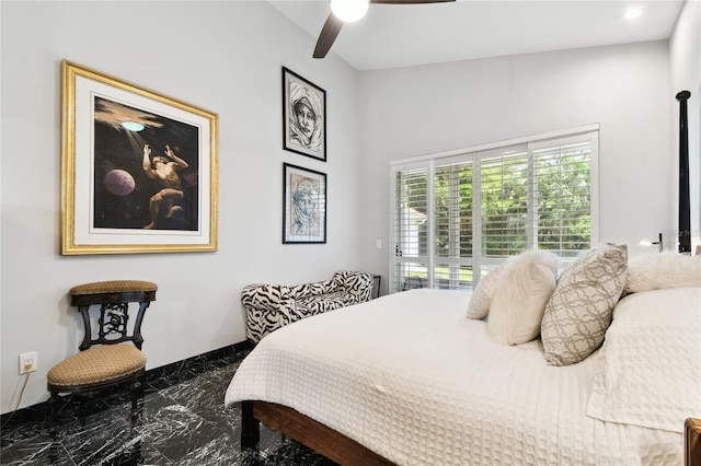 441 Village Dr, Tarpon Springs, FL 34689 - bedroom featuring marble tiled flooring, access to exterior, and ceiling fan