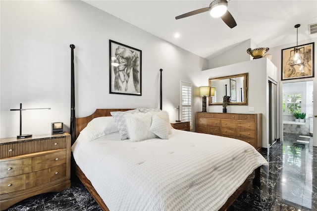 441 Village Dr, Tarpon Springs, FL 34689 - bedroom featuring dark marble finish floors, multiple windows, lofted ceiling, and a ceiling fan