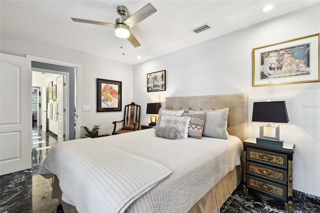 441 Village Dr, Tarpon Springs, FL 34689 - bedroom featuring marble tiled flooring, recessed lighting, and ceiling fan