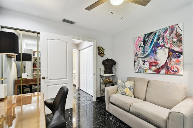 441 Village Dr, Tarpon Springs, FL 34689 - office area with ceiling fan and dark marble finish flooring