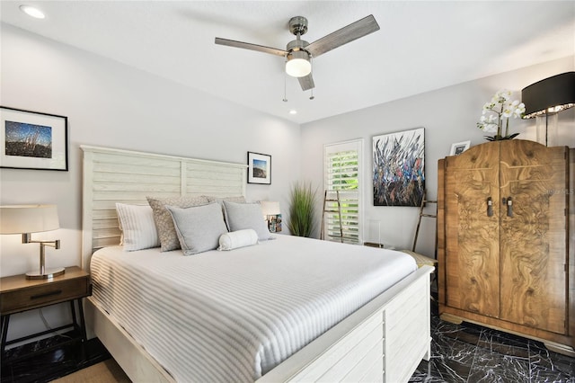 441 Village Dr, Tarpon Springs, FL 34689 - bedroom with dark marble finish floors, recessed lighting, and ceiling fan