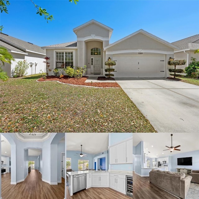 view of front facade featuring driveway, a sink, an attached garage, stucco siding, and ceiling fan