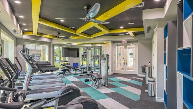 workout area featuring a ceiling fan, visible vents, and recessed lighting