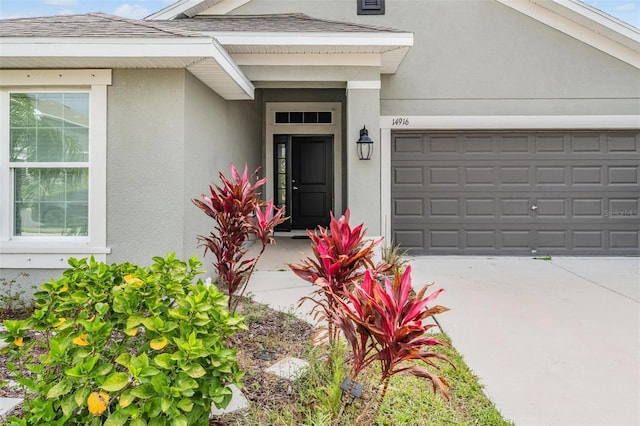 property entrance with stucco siding, an attached garage, roof with shingles, and driveway
