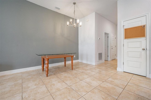 dining area with a notable chandelier, visible vents, baseboards, and light tile patterned floors