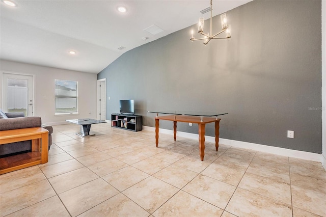 interior space with lofted ceiling, light tile patterned floors, baseboards, and a chandelier