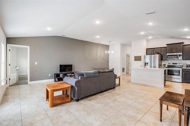 living room featuring vaulted ceiling, light tile patterned flooring, recessed lighting, and baseboards