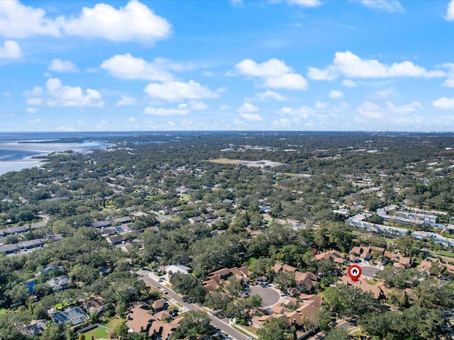 drone / aerial view featuring a residential view and a water view