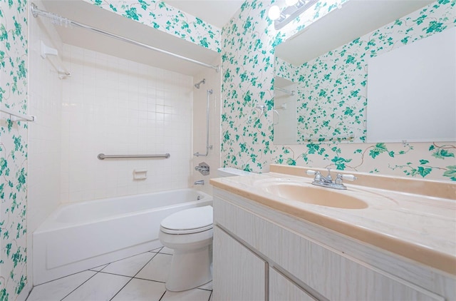 9214 Mission Oaks Blvd, Seminole, FL 33776 - full bathroom featuring toilet, shower / tub combination, wallpapered walls, tile patterned flooring, and vanity