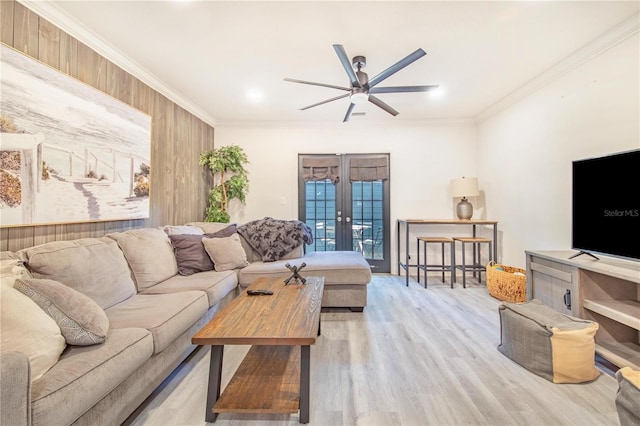 506 S Willow Ave Unit 7, Tampa, FL 33606 - living area featuring a ceiling fan, crown molding, french doors, and light wood-style floors