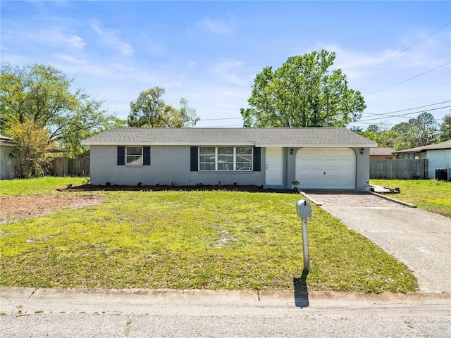 single story home featuring an attached garage, driveway, a front yard, and fence
