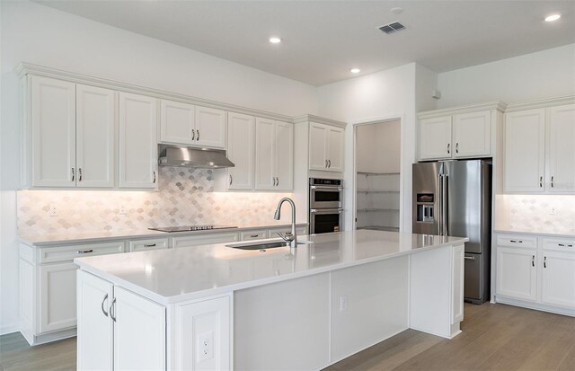 kitchen with a sink, appliances with stainless steel finishes, under cabinet range hood, and white cabinets