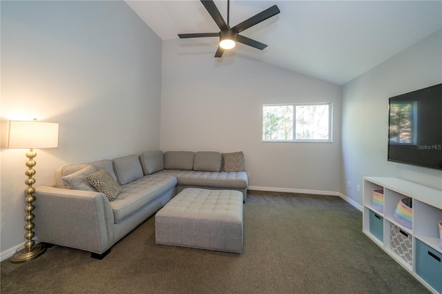 2206 Green Oaks Ln, Tampa, FL 33612 - living room with carpet floors, baseboards, vaulted ceiling, and ceiling fan