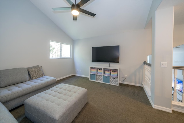 2206 Green Oaks Ln, Tampa, FL 33612 - living room featuring carpet flooring, baseboards, lofted ceiling, and ceiling fan