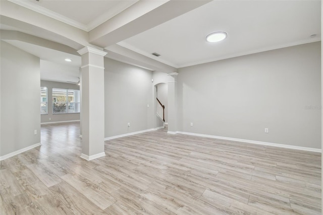 12304 Silton Peace Dr, Riverview, FL 33579 - basement featuring light wood-type flooring, visible vents, stairway, crown molding, and baseboards