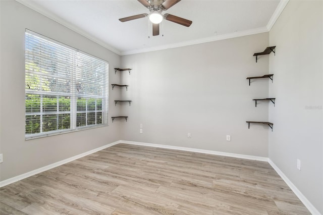 12304 Silton Peace Dr, Riverview, FL 33579 - empty room with baseboards, ornamental molding, a ceiling fan, and light wood finished floors