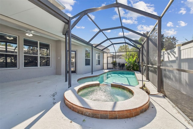 12304 Silton Peace Dr, Riverview, FL 33579 - view of pool featuring a ceiling fan, a pool with connected hot tub, a patio, fence, and glass enclosure