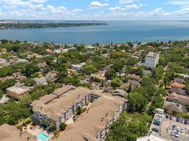drone / aerial view with a water view