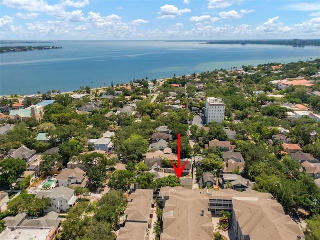 aerial view featuring a residential view and a water view