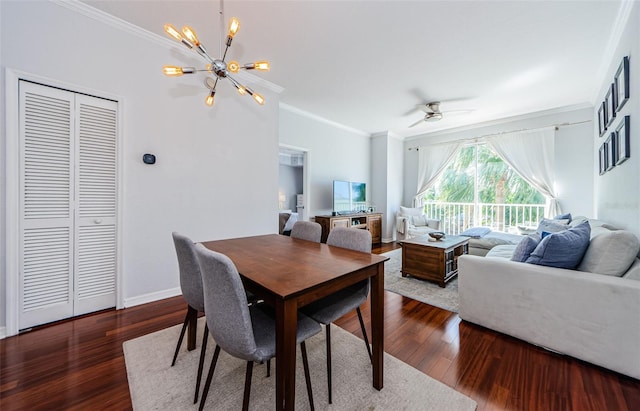700 S Harbour Island Blvd Unit 404, Tampa, FL 33602 - dining room with ceiling fan with notable chandelier, dark wood-type flooring, baseboards, and ornamental molding