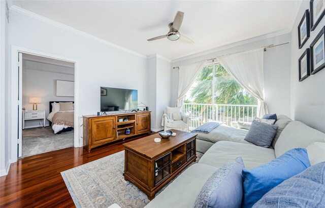 700 S Harbour Island Blvd Unit 404, Tampa, FL 33602 - living area featuring ceiling fan, crown molding, and dark wood-type flooring