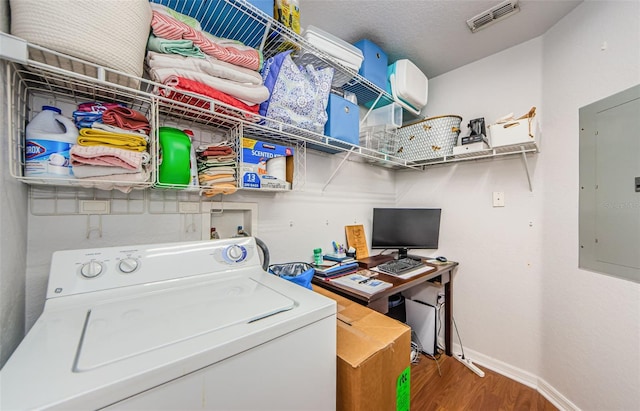 700 S Harbour Island Blvd Unit 404, Tampa, FL 33602 - clothes washing area featuring visible vents, electric panel, wood finished floors, washer / dryer, and laundry area