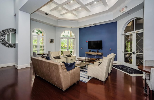 700 S Harbour Island Blvd Unit 404, Tampa, FL 33602 - living room featuring wood finished floors, baseboards, coffered ceiling, french doors, and beamed ceiling