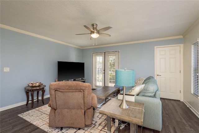 720 Lyndhurst St Unit 1121, Dunedin, FL 34698 - living room featuring wood finished floors, crown molding, ceiling fan, and baseboards