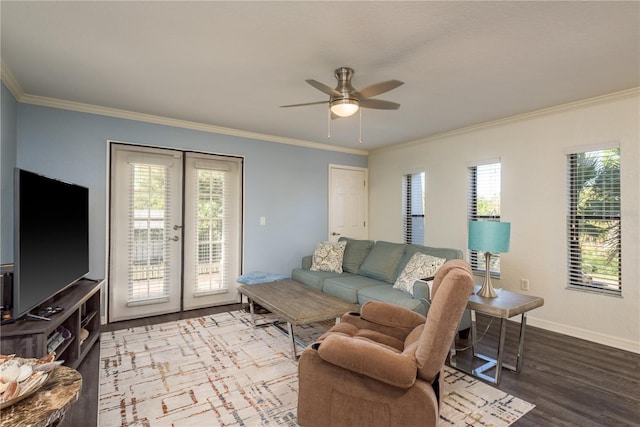 720 Lyndhurst St Unit 1121, Dunedin, FL 34698 - living area with french doors, wood finished floors, plenty of natural light, ceiling fan, and crown molding