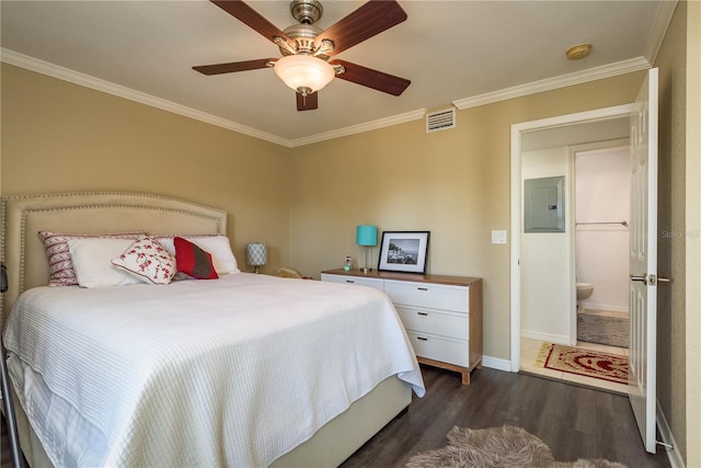720 Lyndhurst St Unit 1121, Dunedin, FL 34698 - bedroom featuring electric panel, dark wood-style floors, ornamental molding, baseboards, and a ceiling fan