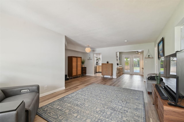 living area featuring wood finished floors, baseboards, and french doors