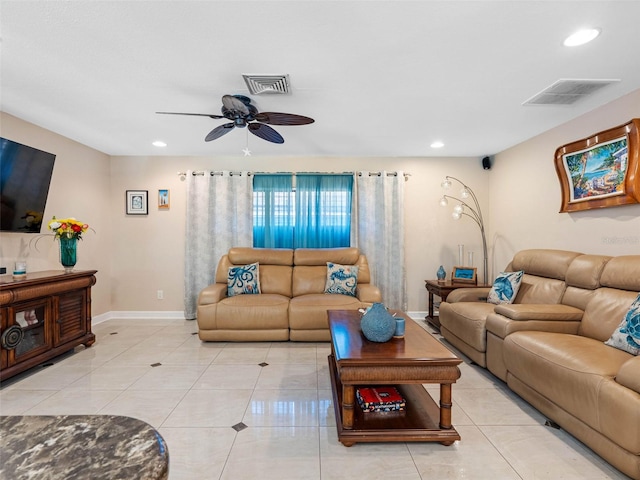 13420 Rustic Pines Blvd S, Seminole, FL 33776 - living room featuring a ceiling fan, light tile patterned floors, recessed lighting, and baseboards