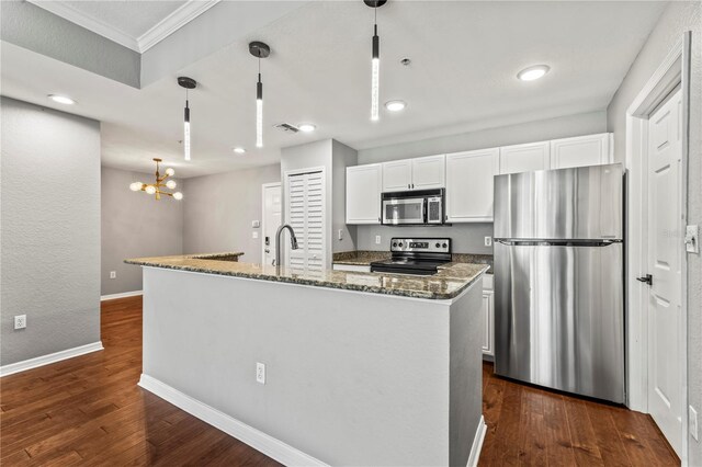 700 S Harbour Island Blvd Unit 240, Tampa, FL 33602 - kitchen with white cabinets, dark wood-style floors, stone countertops, and stainless steel appliances