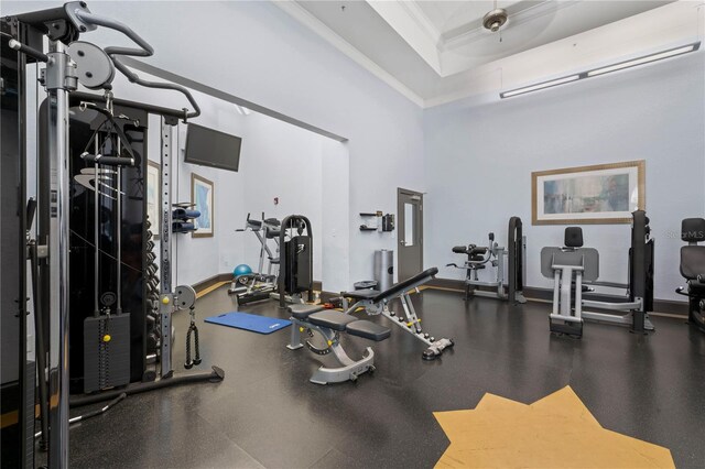 700 S Harbour Island Blvd Unit 240, Tampa, FL 33602 - workout area with crown molding, baseboards, and a towering ceiling