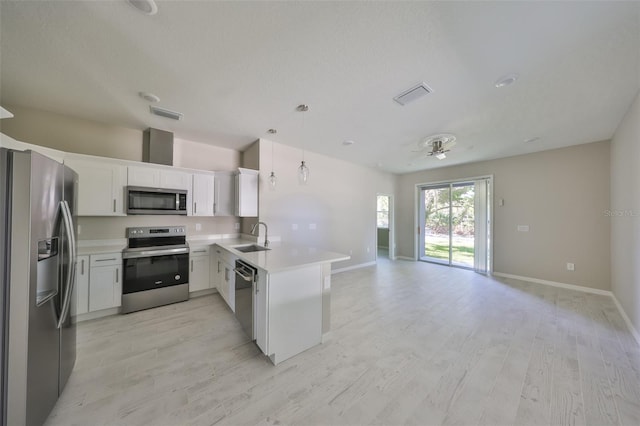 kitchen with visible vents, open floor plan, light countertops, appliances with stainless steel finishes, and a peninsula