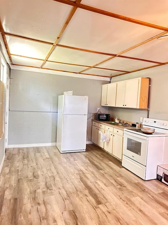 5562 S US-301, Bushnell, FL 33513 - kitchen featuring white appliances, concrete block wall, light wood-type flooring, and a sink