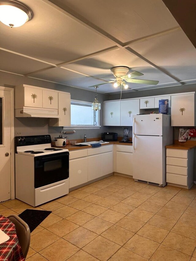 5562 S US-301, Bushnell, FL 33513 - kitchen with a ceiling fan, under cabinet range hood, a sink, white cabinetry, and white appliances