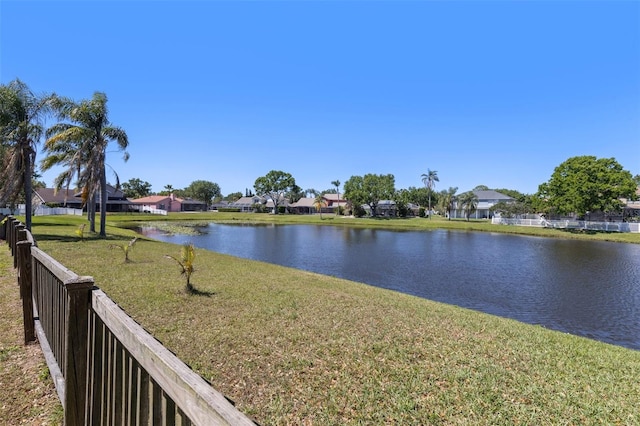 property view of water featuring a residential view and fence