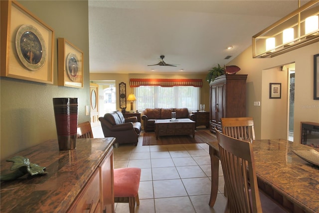 dining space with light tile patterned flooring, ceiling fan, visible vents, and recessed lighting