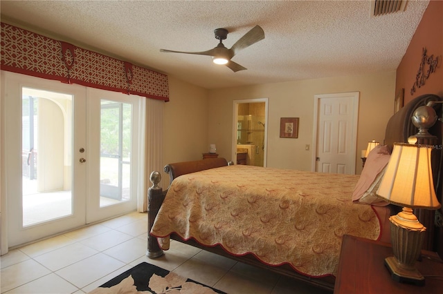 bedroom with connected bathroom, a textured ceiling, visible vents, access to exterior, and light tile patterned flooring