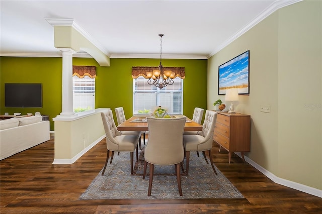 15925 Pond Rush Ct, Land O Lakes, FL 34638 - dining space with a chandelier, ornamental molding, ornate columns, and wood finished floors