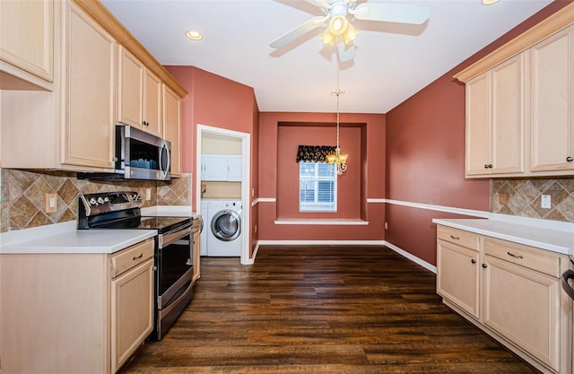15925 Pond Rush Ct, Land O Lakes, FL 34638 - kitchen featuring stainless steel appliances, washer / dryer, light countertops, dark wood finished floors, and recessed lighting