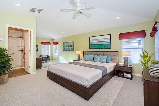 15925 Pond Rush Ct, Land O Lakes, FL 34638 - bedroom featuring carpet flooring, vaulted ceiling, recessed lighting, ceiling fan, and connected bathroom