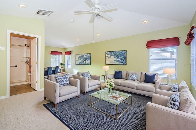 15925 Pond Rush Ct, Land O Lakes, FL 34638 - carpeted living room featuring vaulted ceiling, recessed lighting, and a ceiling fan