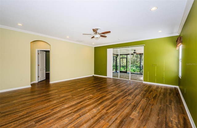 15925 Pond Rush Ct, Land O Lakes, FL 34638 - unfurnished room with ceiling fan, wood finished floors, recessed lighting, ornamental molding, and arched walkways