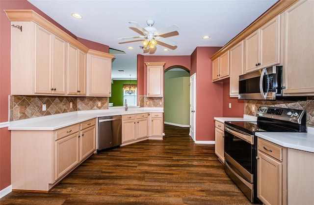 15925 Pond Rush Ct, Land O Lakes, FL 34638 - kitchen with stainless steel appliances, arched walkways, ceiling fan, dark wood-style flooring, and light countertops