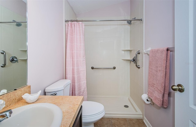 15925 Pond Rush Ct, Land O Lakes, FL 34638 - full bath with vanity, a tile shower, tile patterned floors, and lofted ceiling